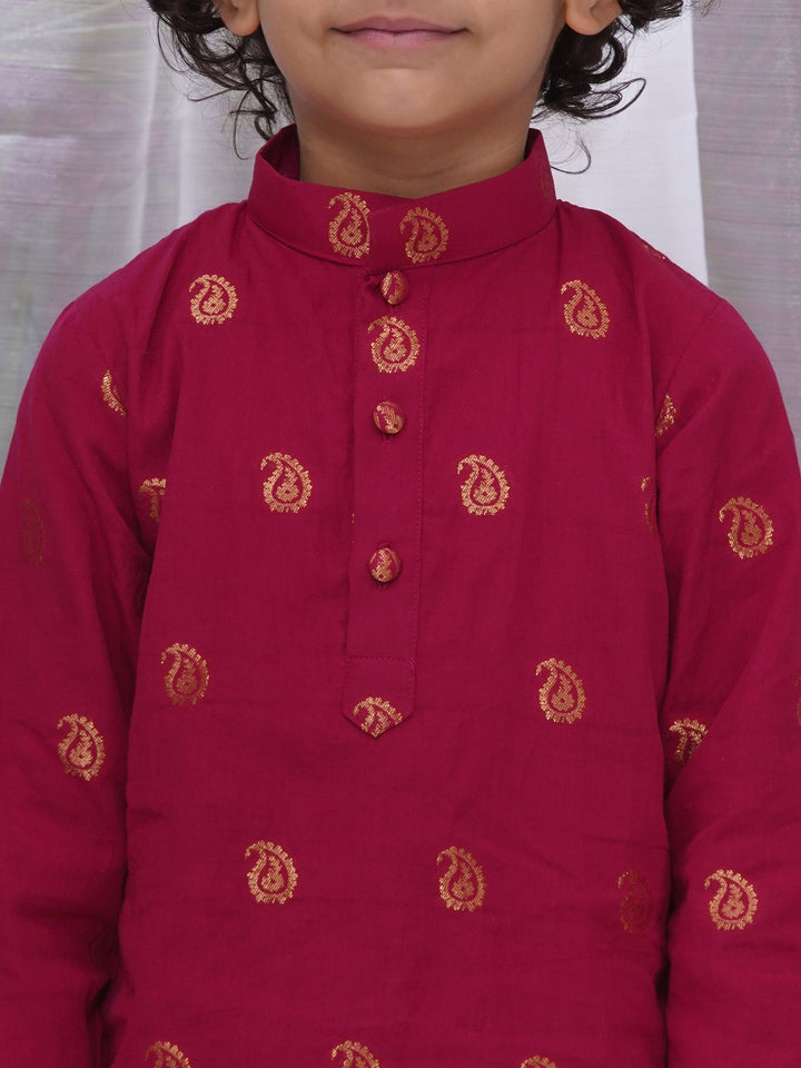 Boys Cotton Full Sleeves Kurta and Dhoti with Golden Paisley Zari Work- Rani | SHOBITAM