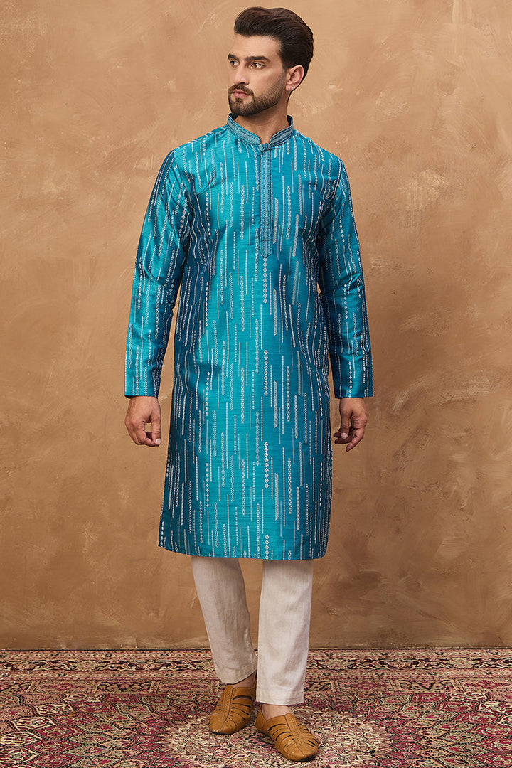 Blue Silk Blend Geometric Printed Straight Kurta | SHOBITAM