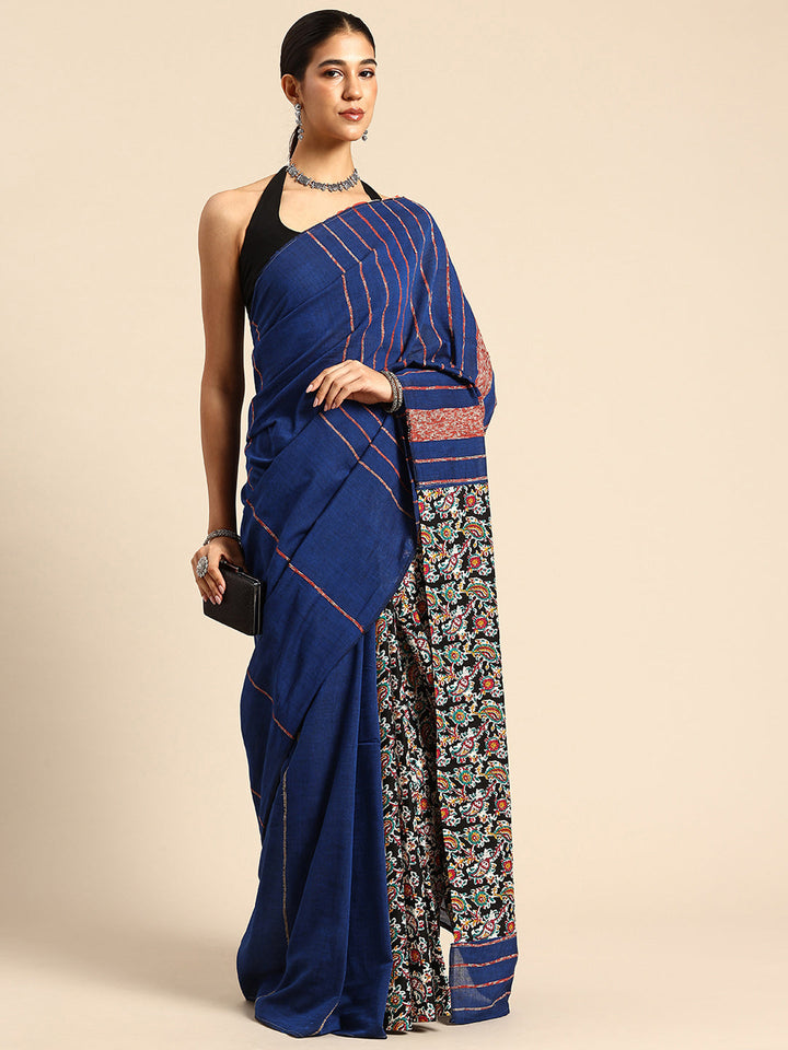 Dark Blue Ajrak Print Khesh Saree with Blouse piece | SHOBITAM