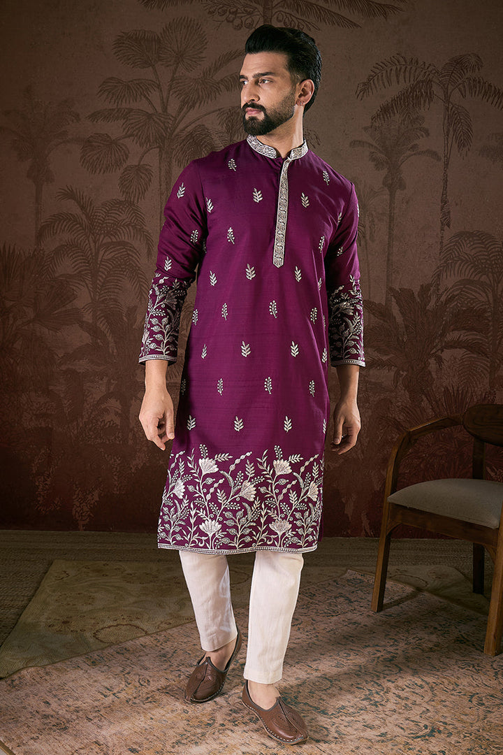 Purple Silk Blend Solid Embroidered Straight Kurta With Trouser | SHOBITAM