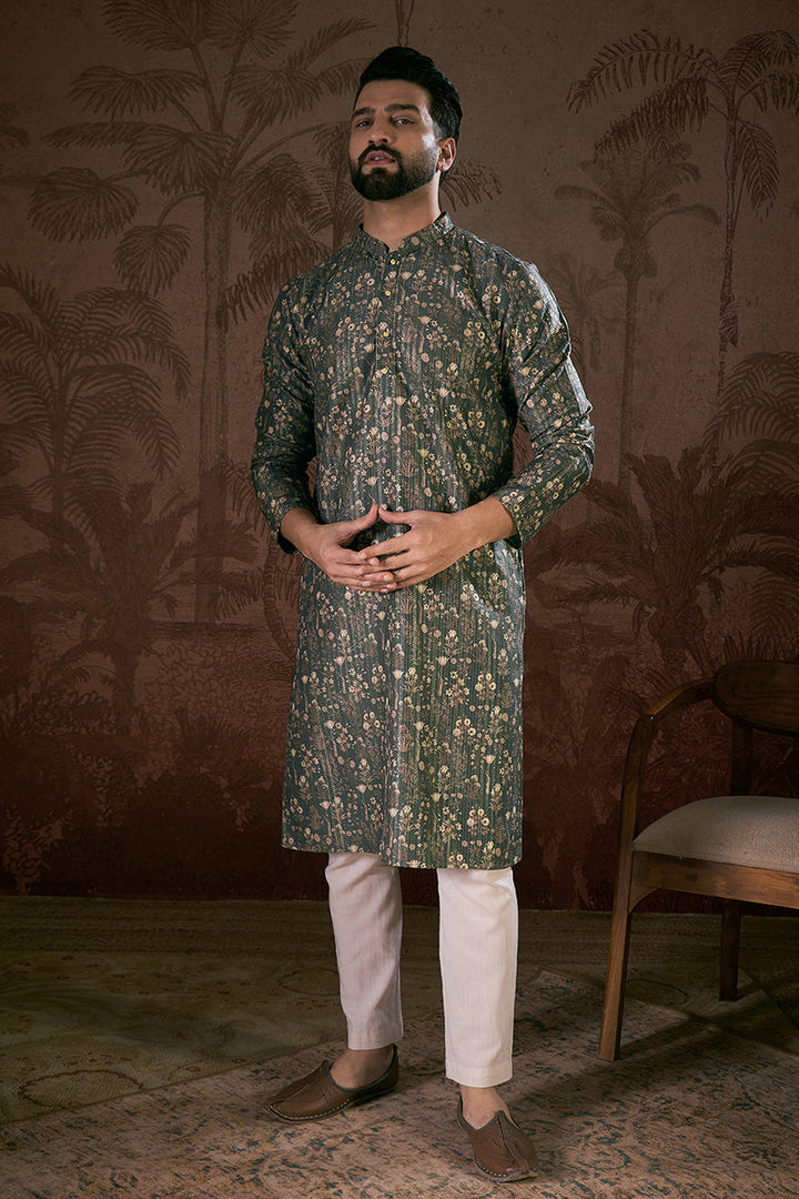 Olive Silk Blend Floral Printed Straight Kurta With Trouser | SHOBITAM