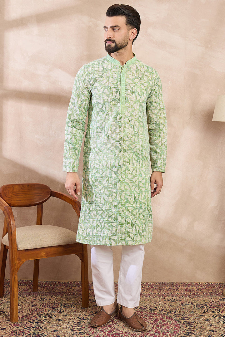 Green Viscose Rayon Ethnic Motifs Embroidered Straight Kurta | SHOBITAM