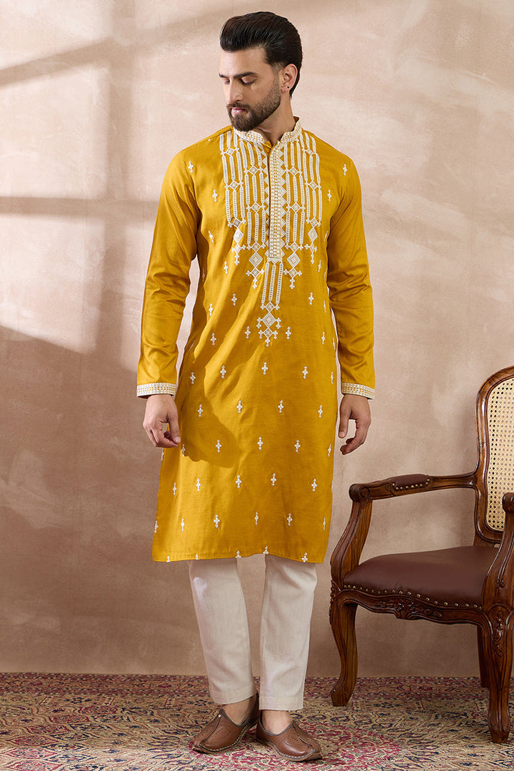 Yellow Silk Blend Embroidered Mandarin Collar Straight Kurta | SHOBITAM