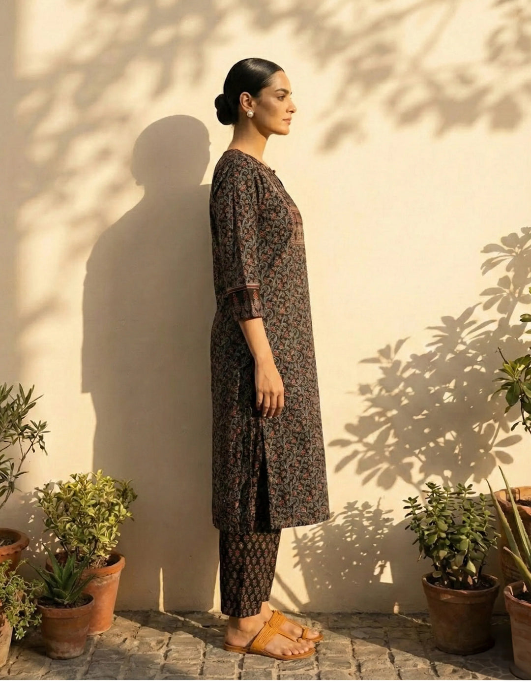 Black Floral Print Straight Kurta Pant Dupatta Set | SHOBITAM
