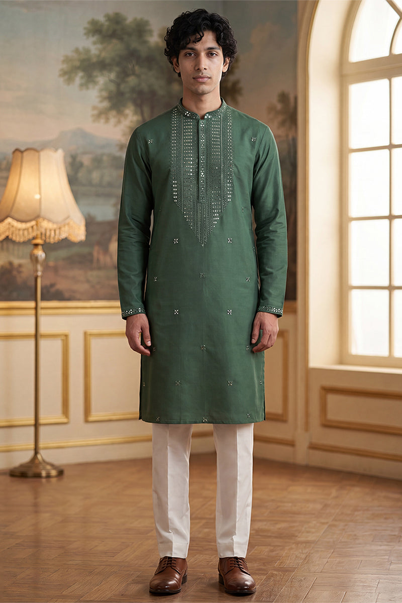 Mens Green Silk Blend Solid Emboidered Sequins Kurta With Trouser | SHOBITAM