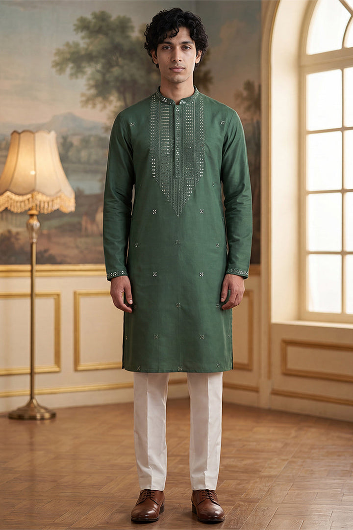 Mens Green Silk Blend Solid Emboidered Sequins Kurta With Trouser | SHOBITAM