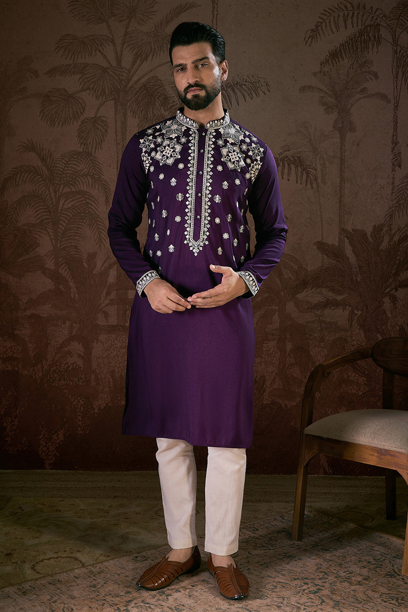 Purple Silk Blend Solid Embroidered Straight Kurta | SHOBITAM