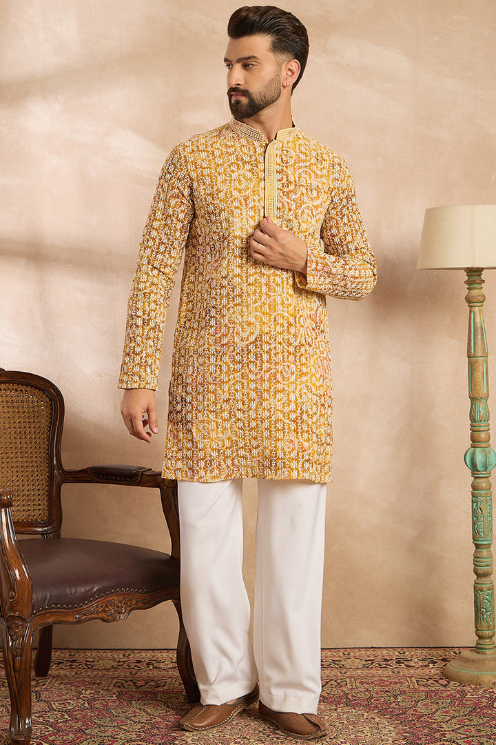 Yellow Viscose Rayon Batik Embroidered Straight Kurta With Trouser | SHOBITAM