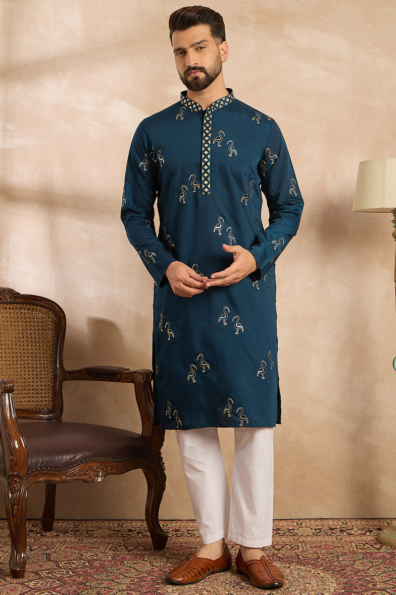 Navy Blue Silk Blend Solid Embroidered Straight Kurta | SHOBITAM