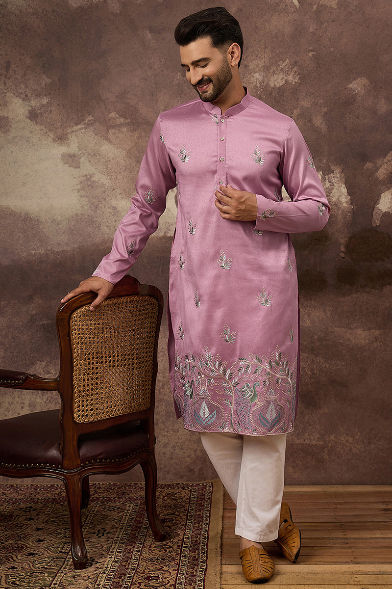 Pink Silk Blend Solid Embroidered Straight Kurta with Trouser | SHOBITAM