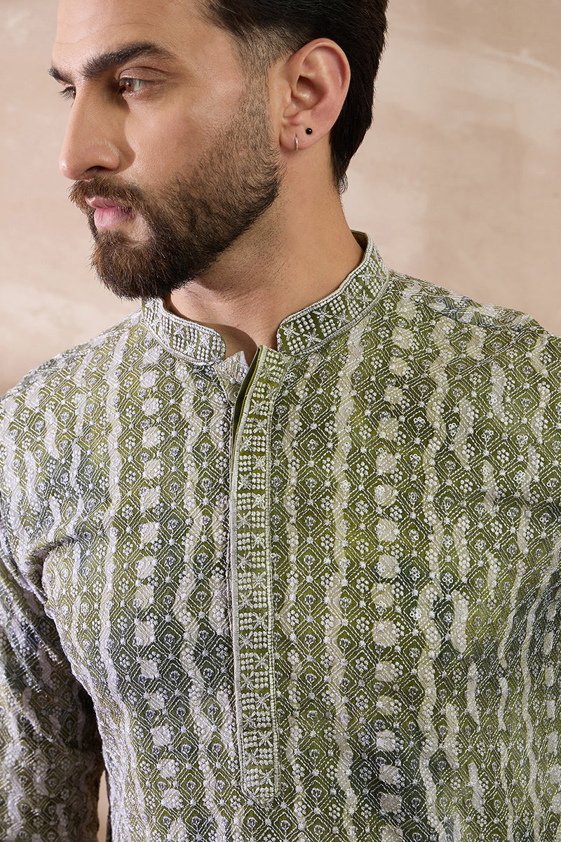 Green Silk Blend Printed Mandarin Collar Straight Kurta With Trouser | SHOBITAM