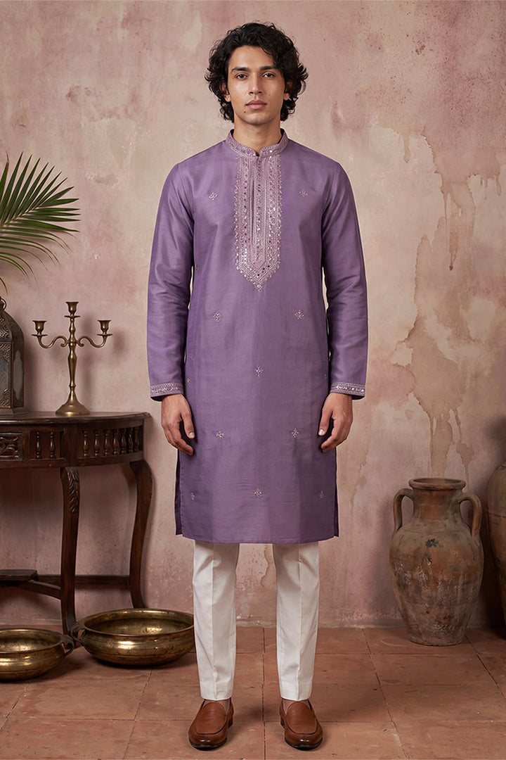 Mens Lavender Silk Blend Solid Emboidered Sequins Kurta With Trouser | SHOBITAM
