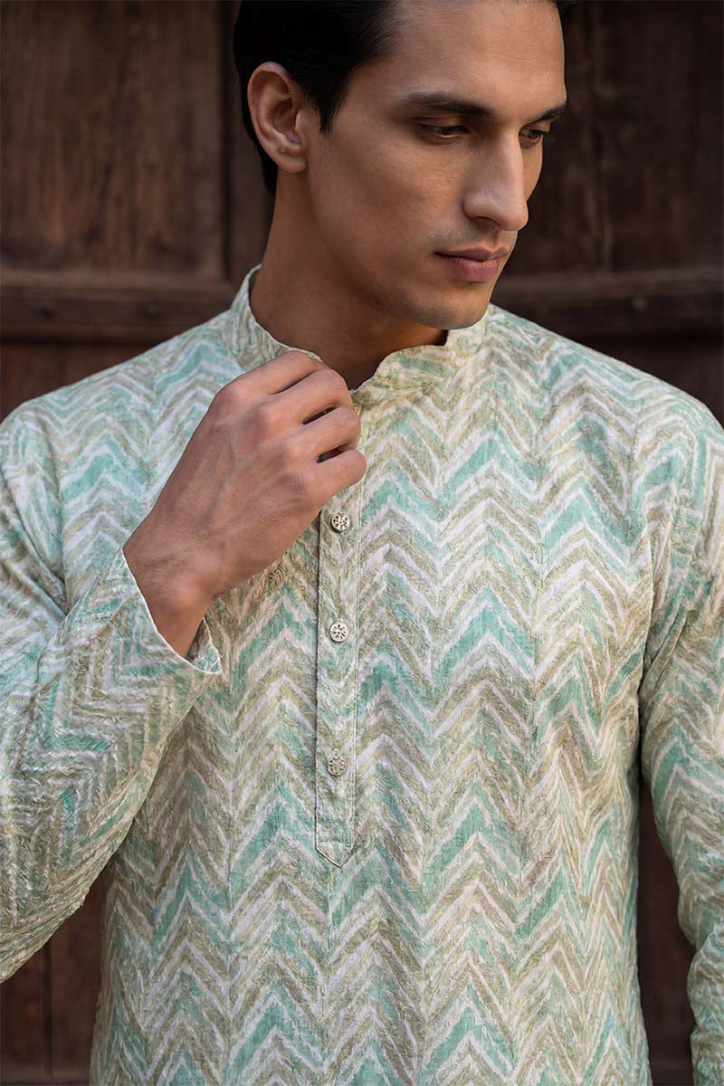 Green Linen Printed Straight Kurta  | SHOBITAM