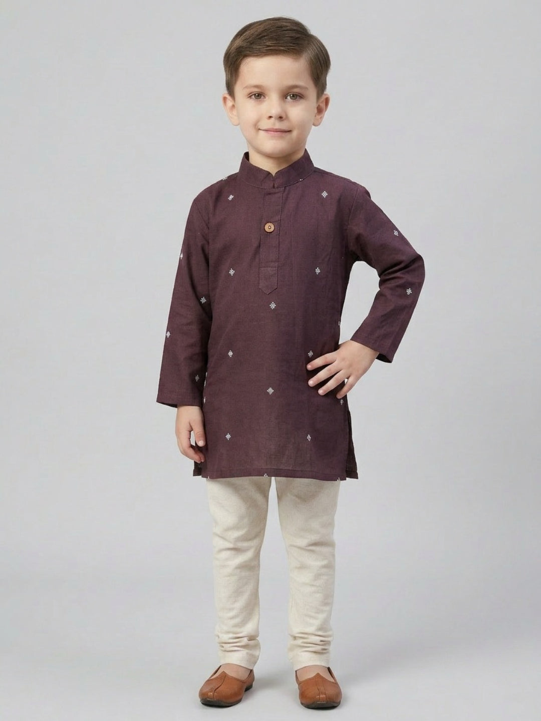 Boys Maroon Embroidered Mandarin Collar Cotton Kurta Set | SHOBITAM