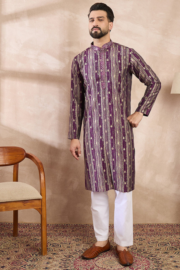 Purple Silk Blend Abstract Printed Straight Kurta For Men | SHOBITAM