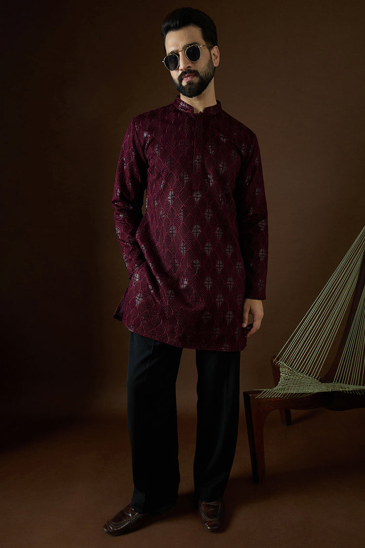 Purple Georgette Solid Embroidered Straight Kurta | SHOBITAM