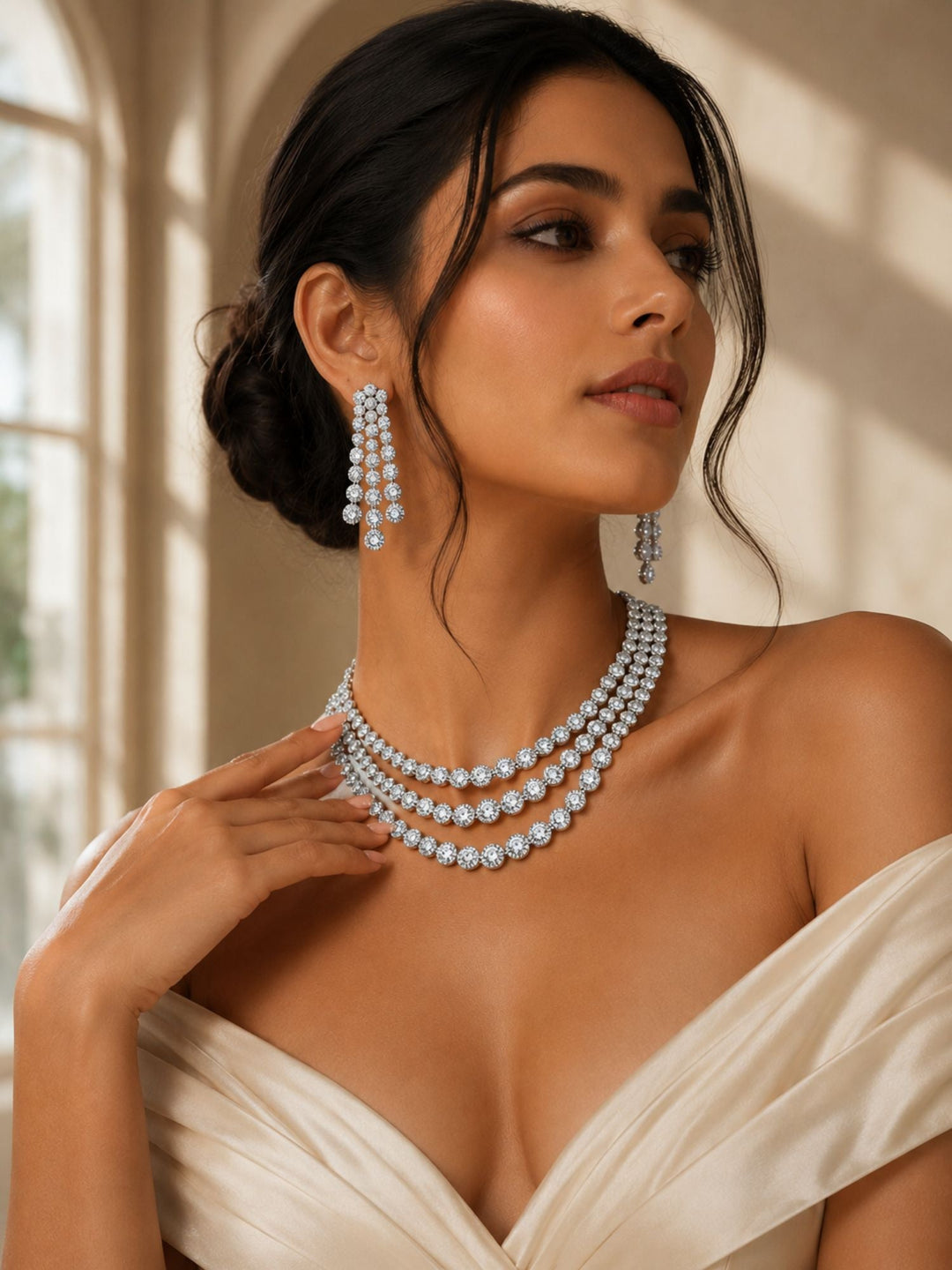 Silver Plated American Diamond Multilayer Necklace Set | SHOBITAM