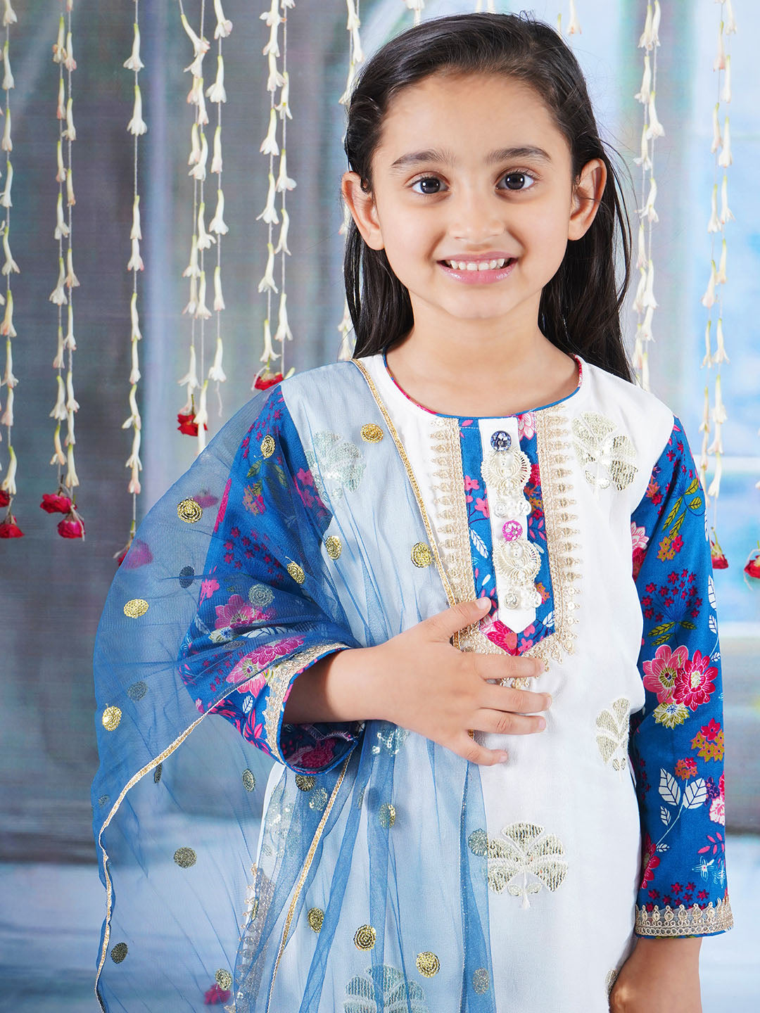Girls Cotton Full Sleeves Kurta Sharara and Dupatta with Floral Print, Floral Embroidery, Lace & Rajasthani Lac Work - White &  Blue | SHOBITAM