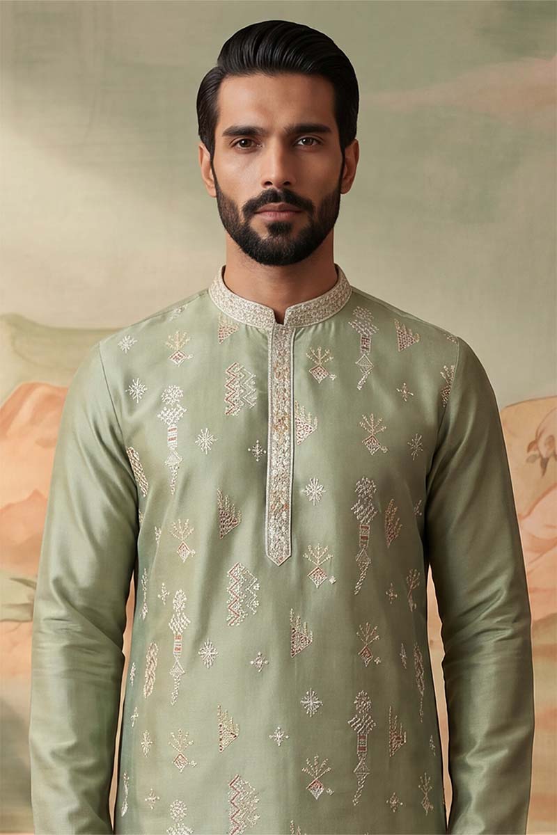 Mens Green Silk Blend Solid Embroidered Kurta With Trousers | SHOBITAM