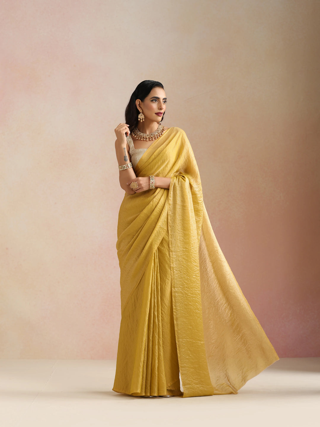 Mustard Tissue Stripe Saree With Unstitched Blouse | SHOBITAM