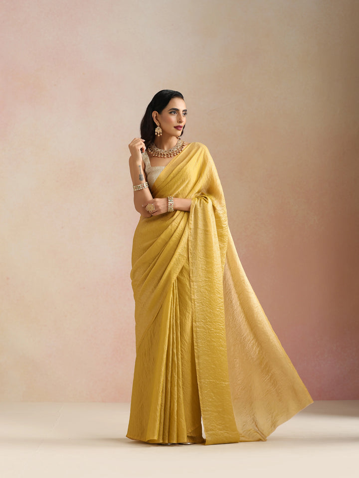Mustard Tissue Stripe Saree With Unstitched Blouse | SHOBITAM