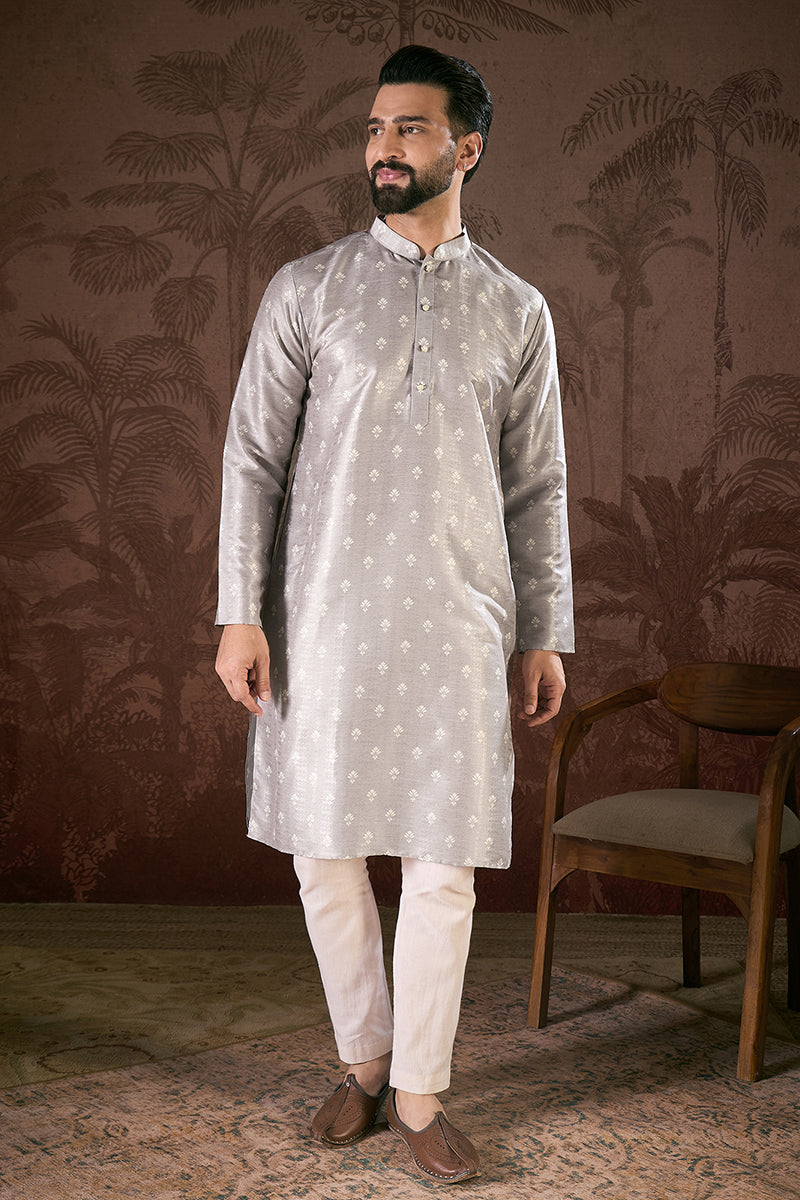 Grey Silk Blend Floral Printed Straight Kurta For Men | SHOBITAM