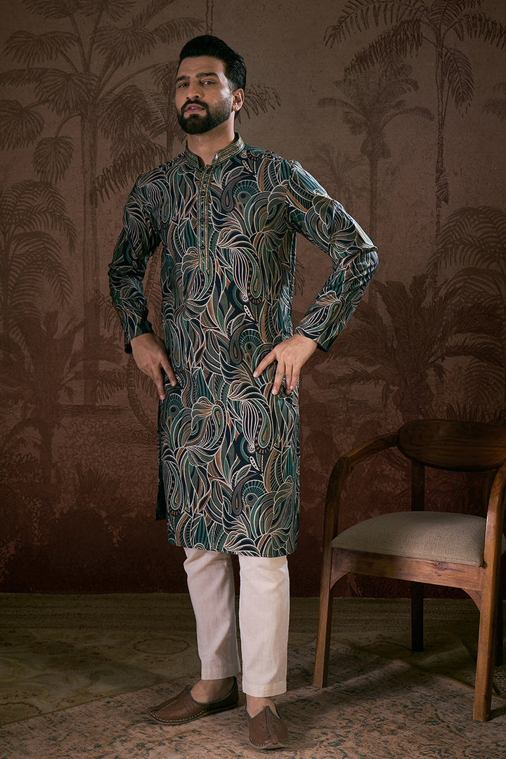 Navy Blue Silk Blend Abstract Printed Straight Kurta For Men | SHOBITAM