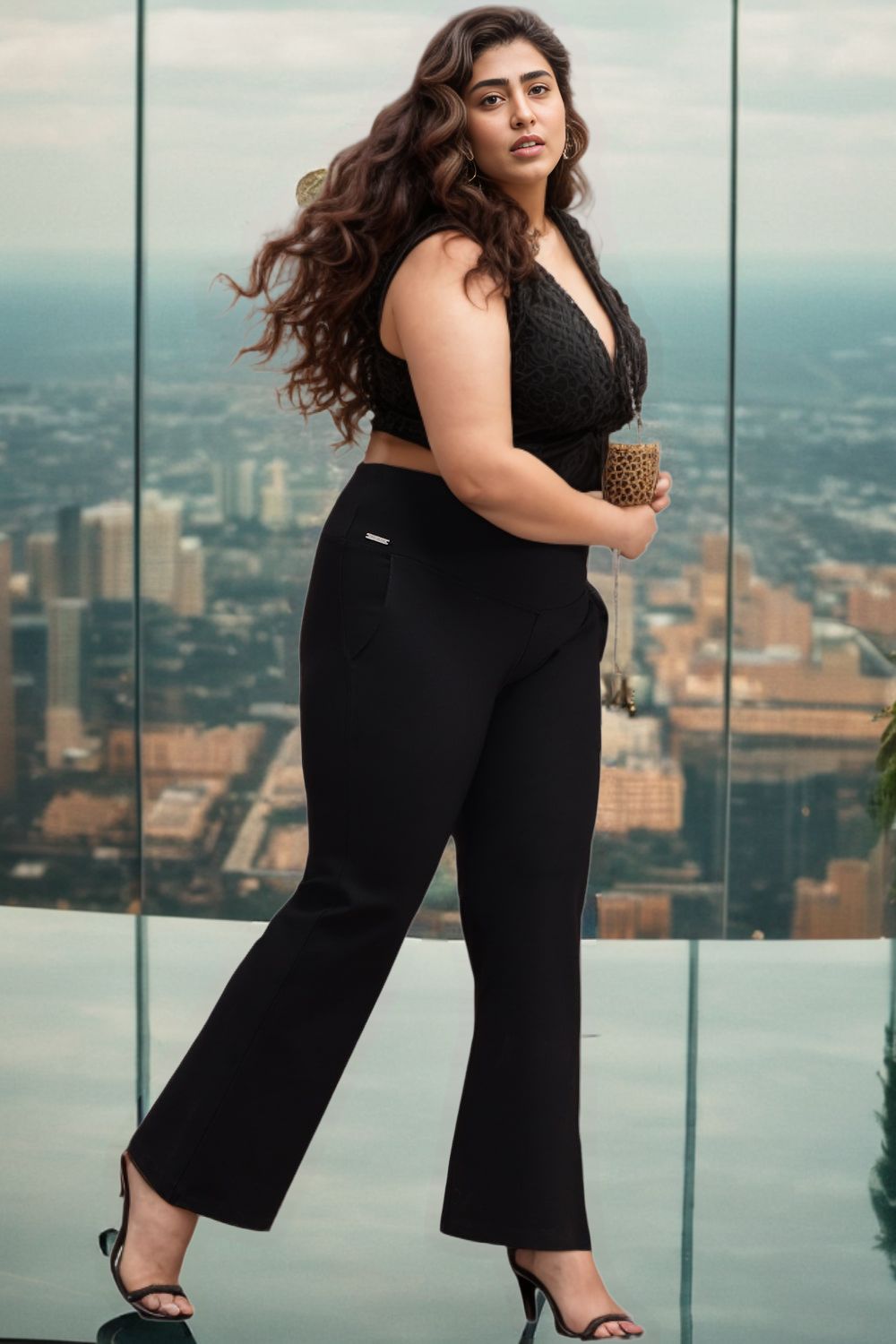 Plus Size Black Tummy Shaper Flare Pants For Womwn | Made to Order