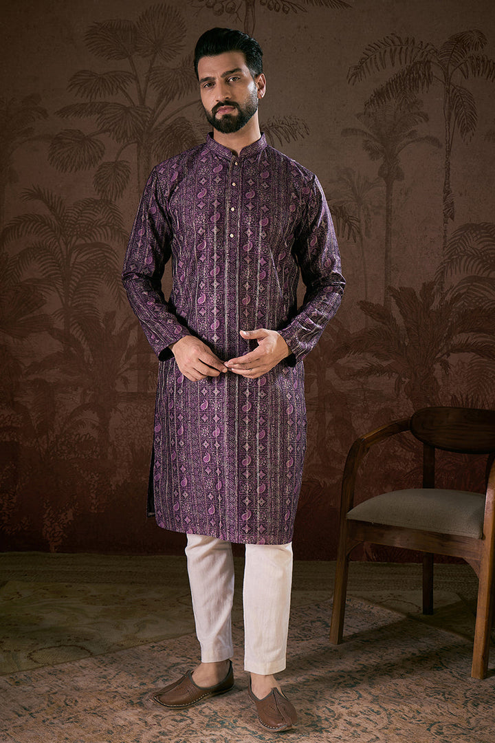 Purple Silk Blend Ethnic Motifs Printed Straight Kurta With Trouser | SHOBITAM