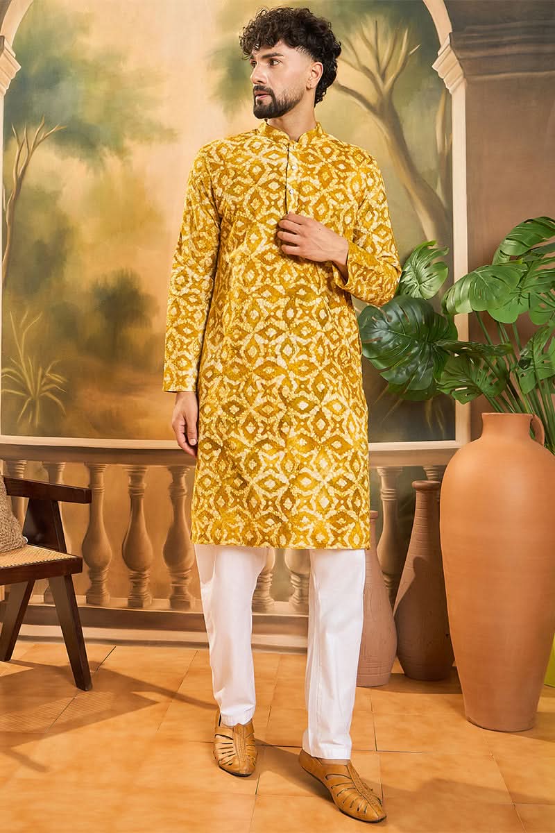 Yellow Pure Cotton Shibori Embroidered Straight Kurta with Trouser | SHOBITAM