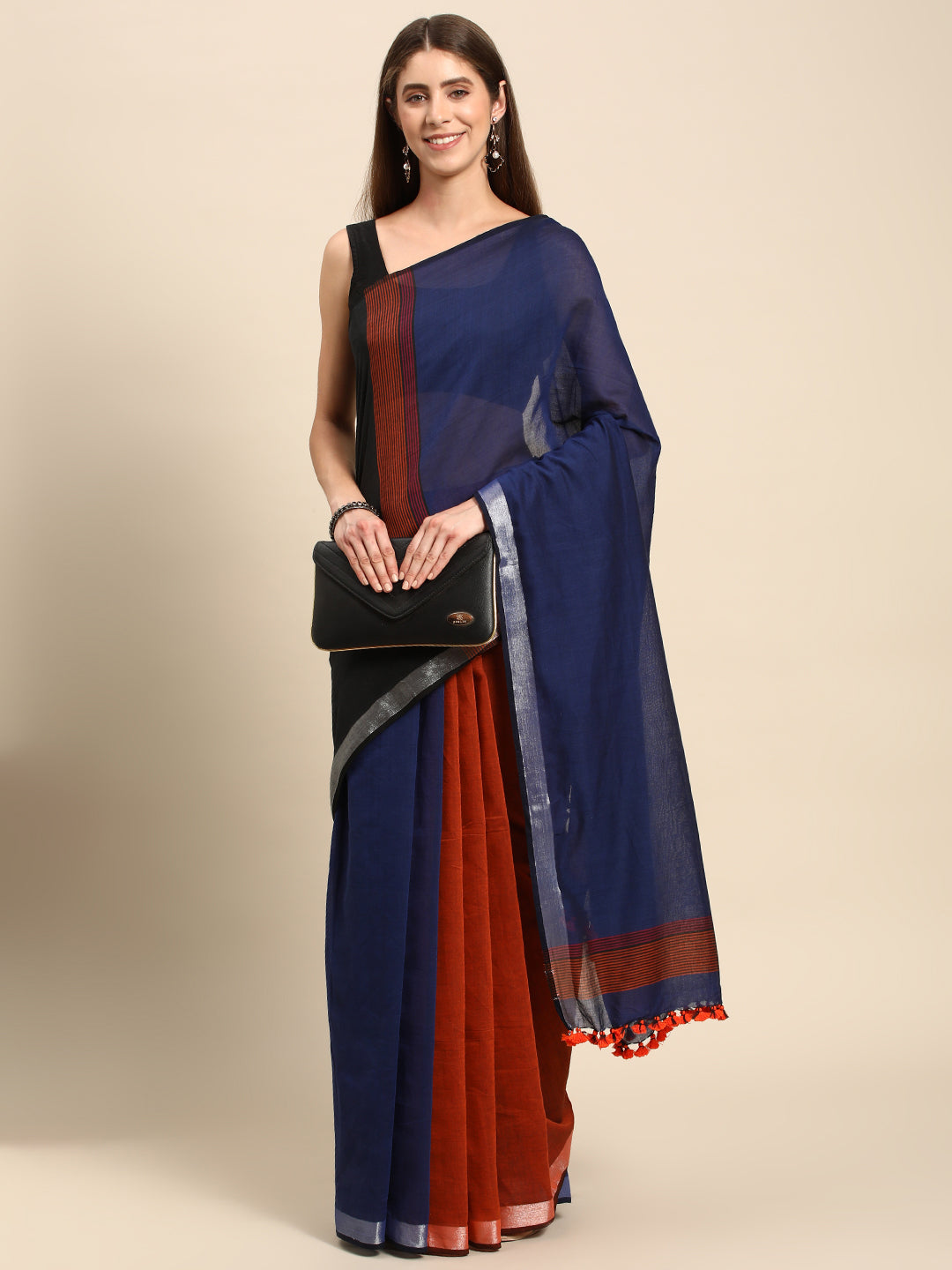 Navy Blue Colour block Cotton Saree with pompoms with Minimal Border No Blouse Piece