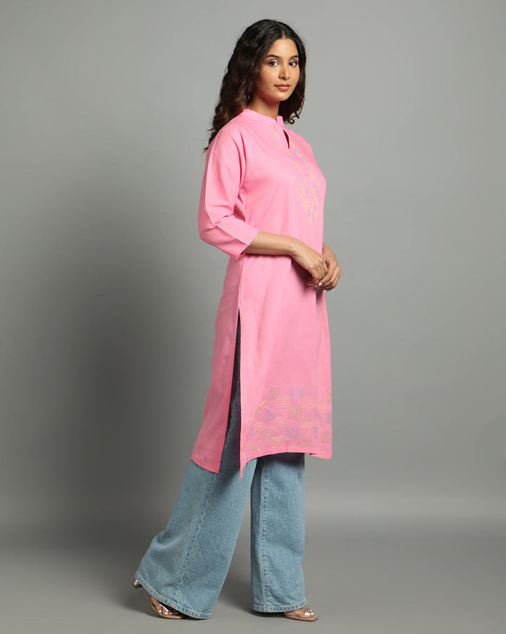 Baby Pink Kantha Cotton Kurta | SHOBITAM