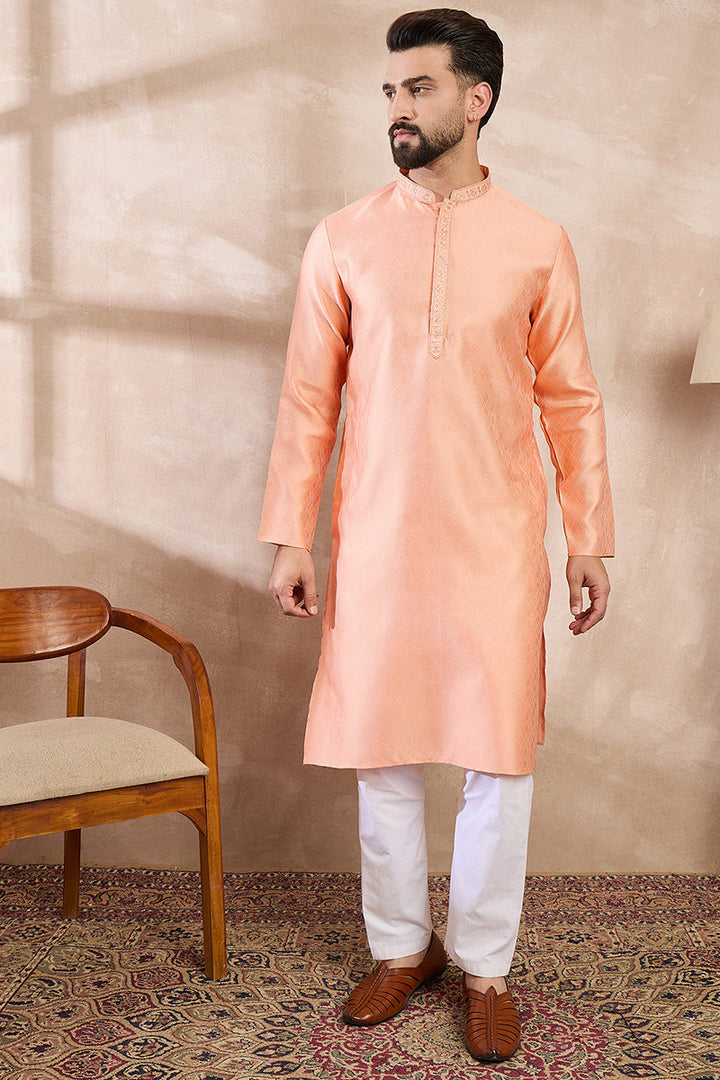 Peach Silk Blend Solid Embroidered Straight Kurta | SHOBITAM