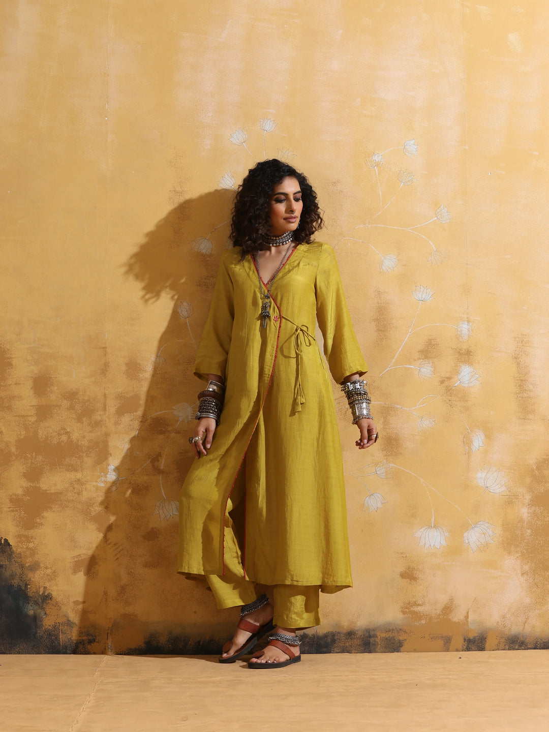 Lime Muslin Silk Angrakha Kurta Pant Set  | SHOBITAM