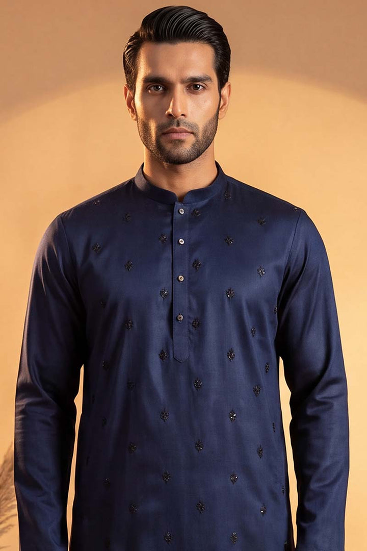 Mens Blue Silk Blend Solid Embroidered Kurta With Trousers | SHOBITAM