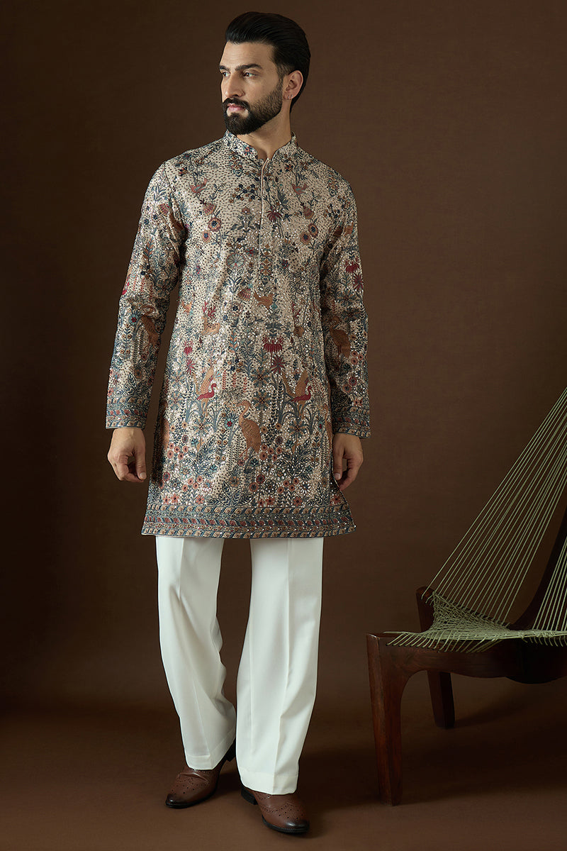 Cream Georgette Solid Embroidered Straight Kurta Sets | SHOBITAM