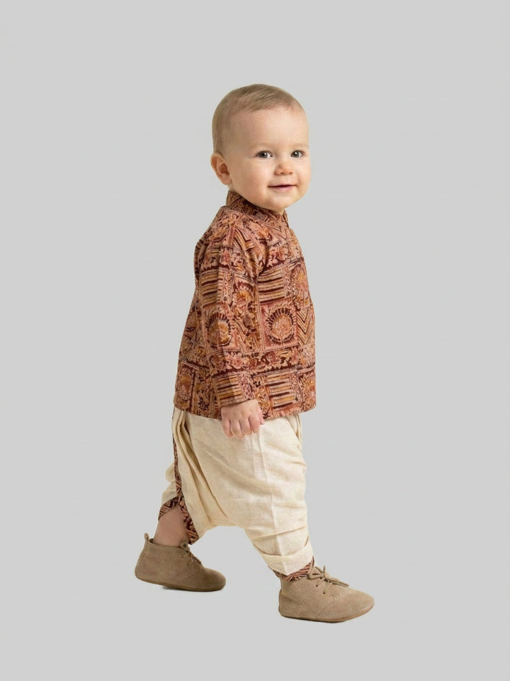 Boys Rust Brown Ethnic Printed Cotton Angrakha Style Dhoti Set | SHOBITAM