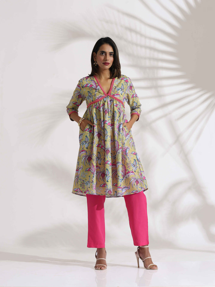 Yellow Print Anarkali Kurta Co-ord Set | SHOBITAM
