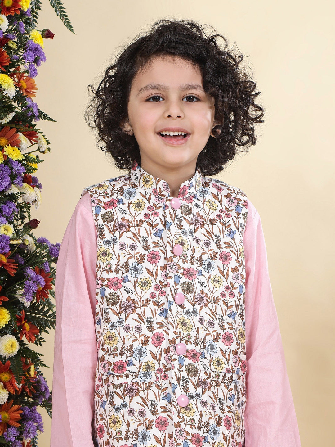 White Floral Bloom Nehru Jacket with Cotton Pink Kurta Dhoti Set | SHOBITAM