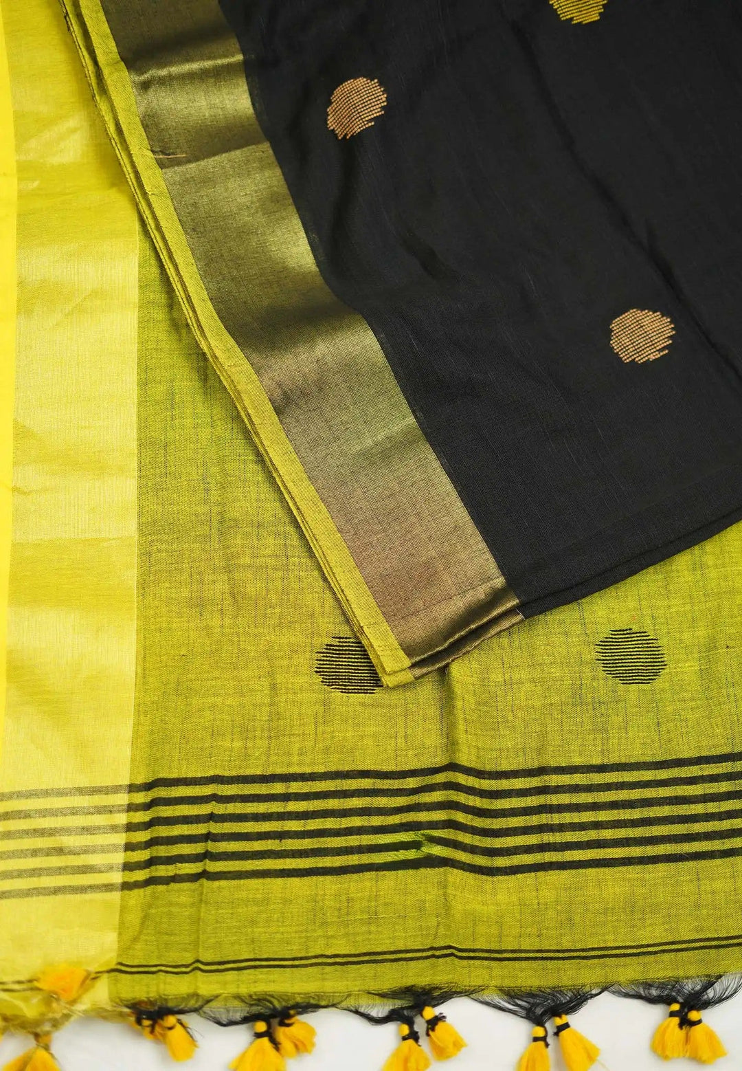Black and Moss Yellow Polka Dot Slub Linen Saree  | SHOBITAM