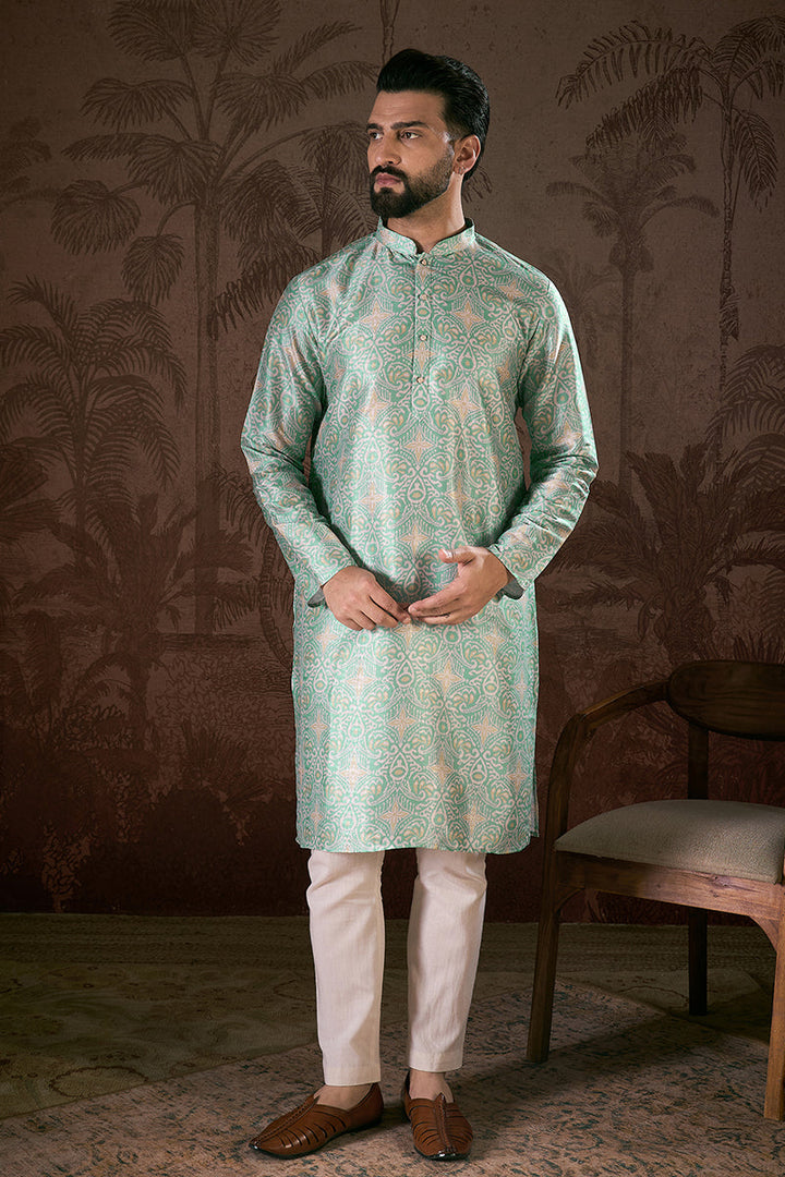Turquoise Blue Silk Blend Abstract Printed Straight Kurta With Trouser | SHOBITAM