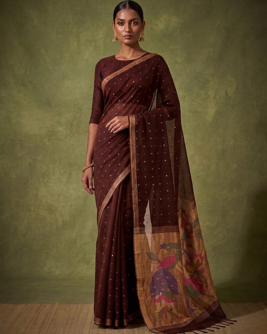 Handspun resham paithani silk saree in brown | SHOBITAM