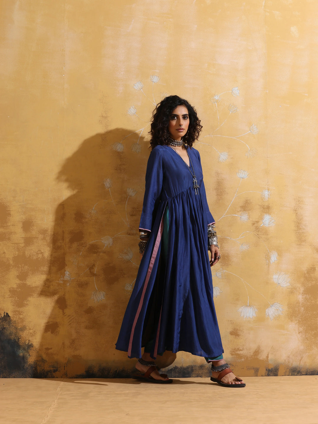 Blue Muslin Silk Anarkali Kurta Pant Set  | SHOBITAM