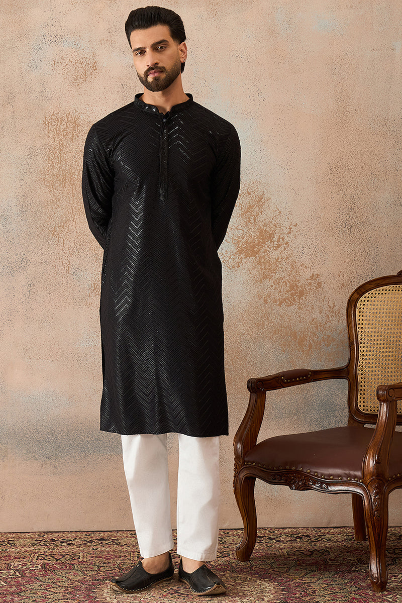 Black Rayon Embroidered Straight Kurta | SHOBITAM