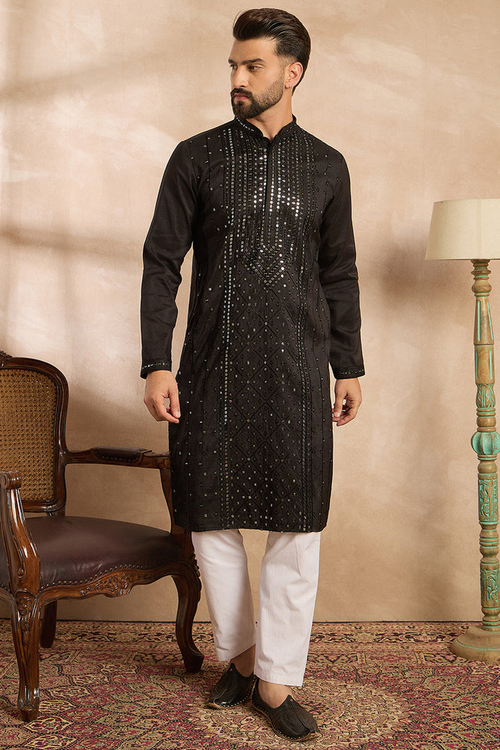 Black Silk Blend Geometric Embroidered Straight Kurta | SHOBITAM