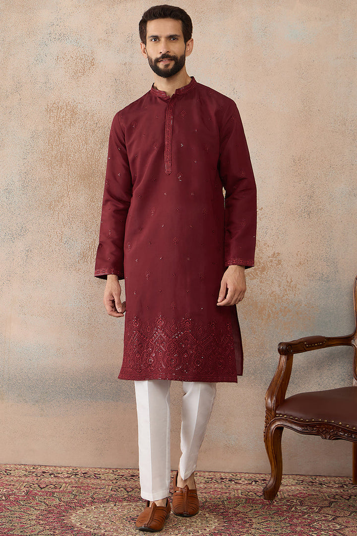 Mens Maroon Silk Blend Solid Emboidered Straight Kurta With Trouser | SHOBITAM