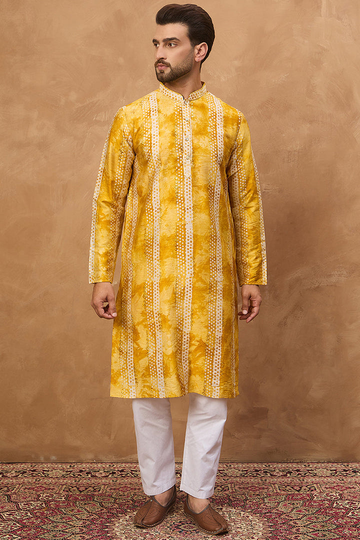 Yellow Silk Blend Shibori Embroidered Straight Kurta | SHOBITAM
