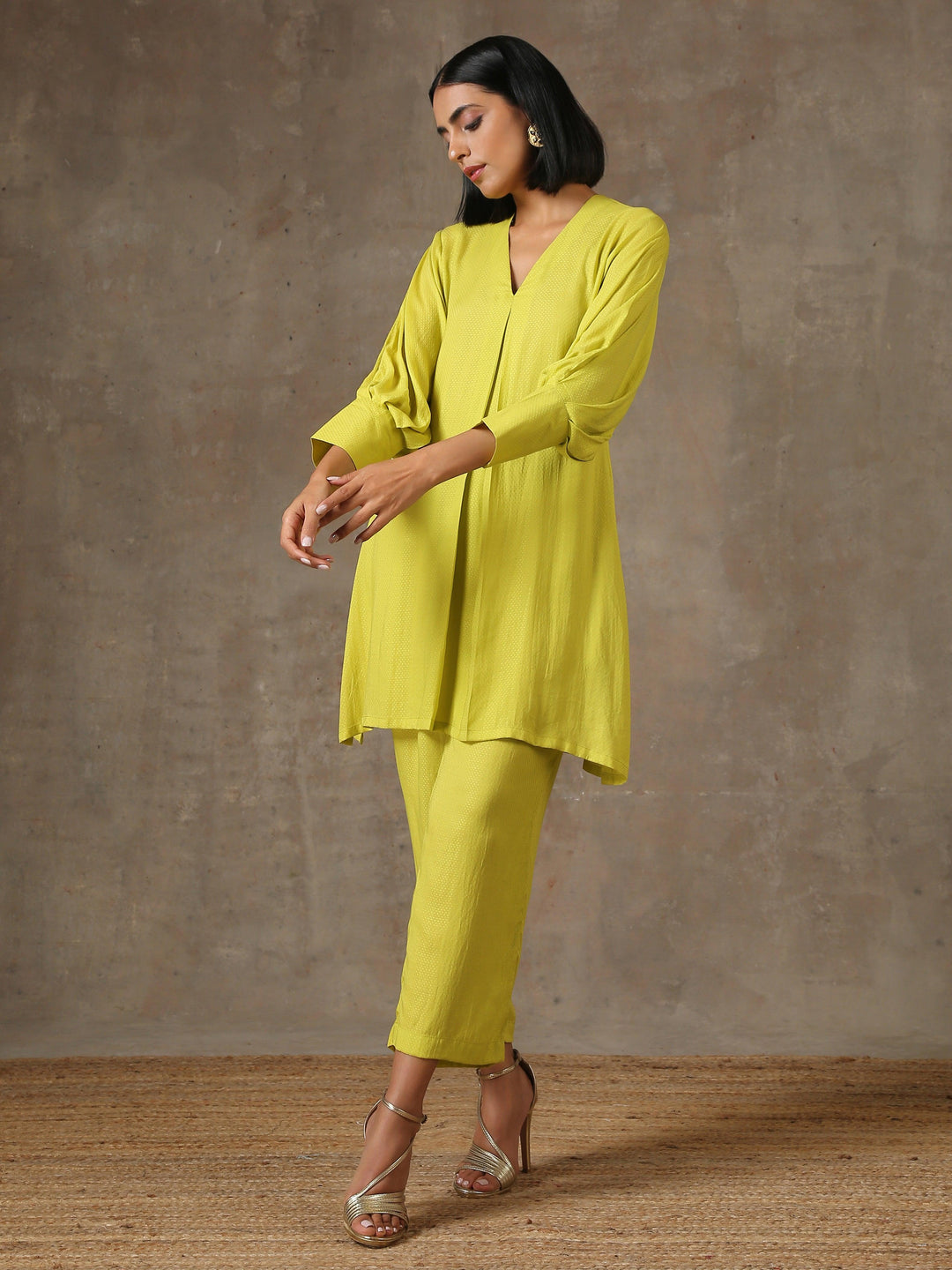 The Penelope - Lime Green Solid Textured Co-Ord Set | SHOBITAM