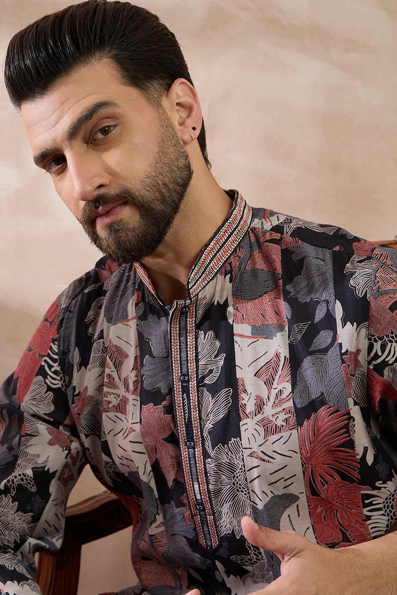 Black Silk Blend Printed Mandarin Collar Straight Kurta For Men | SHOBITAM