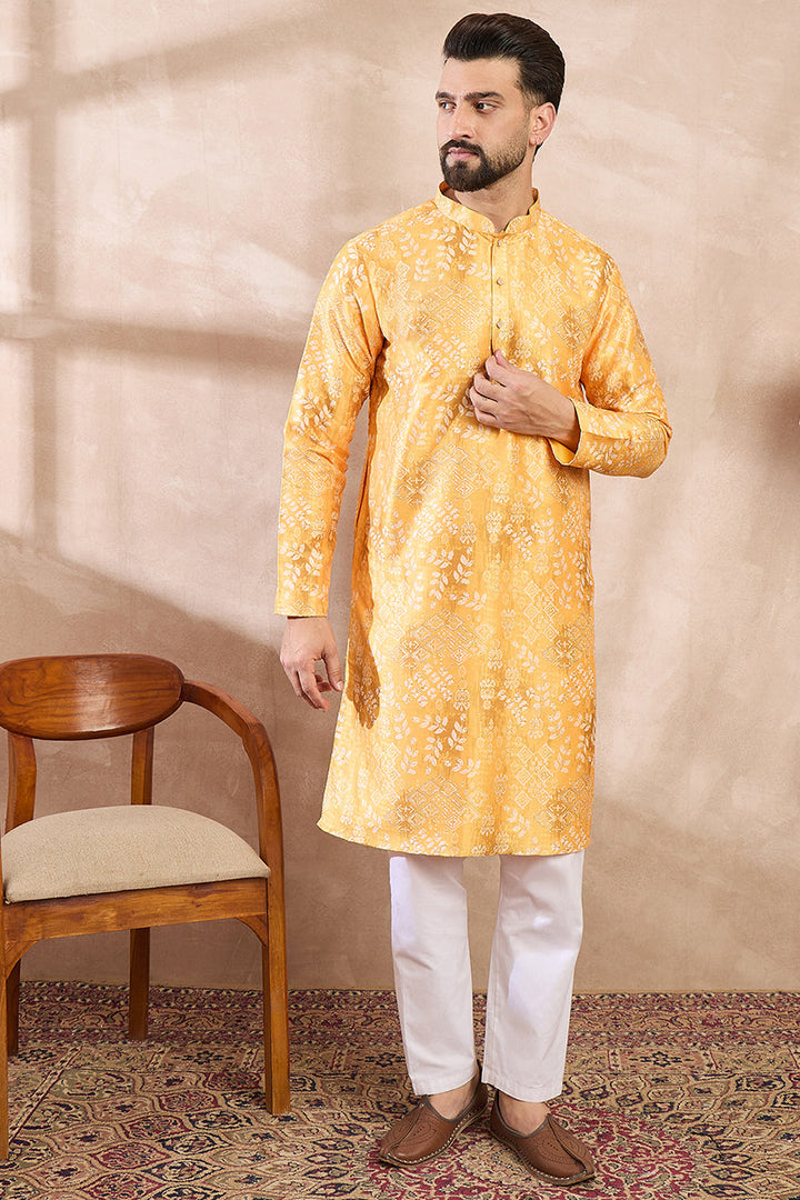 Yellow Silk Blend Ethnic Motifs Printed Straight Kurta With Trouser | SHOBITAM